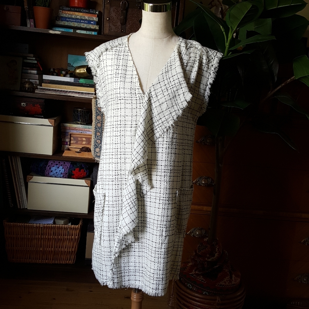 Zara Tweed Asymmetric Ruffle Dress V Neck Pockets - Picture 4 of 9